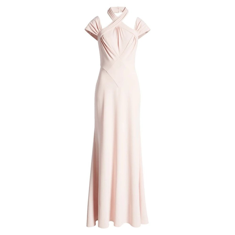 TADASHI SHOJI Cap Sleeve Cross Neck Trumpet Gown Dress Dusty Rose Large 10-12 - Picture 5 of 12